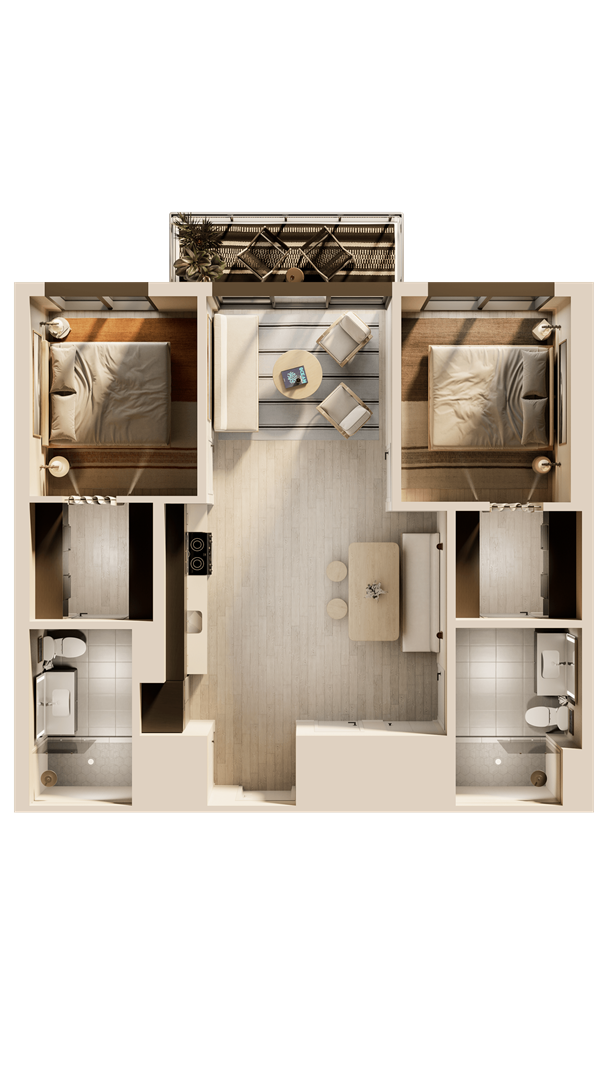 the bedroom floor plan of a 3d furnished apartment